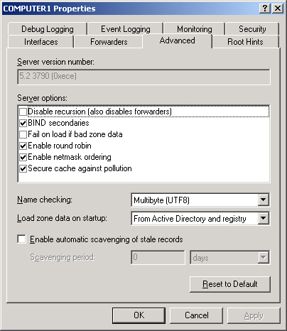 Windows Server 03 Configuring Advanced Dns Server Properties Tuning Advanced Server Options Part 1 Windows Server Tutorial Wmlcloud Com