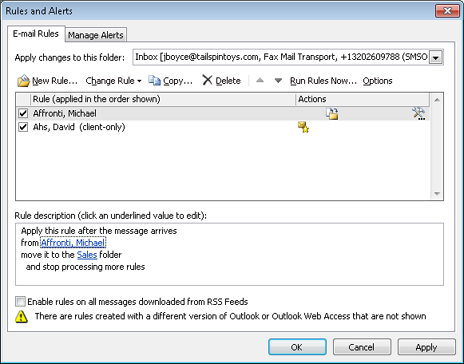 Outlook 2010 supports server-side rules as well as client-side rules.