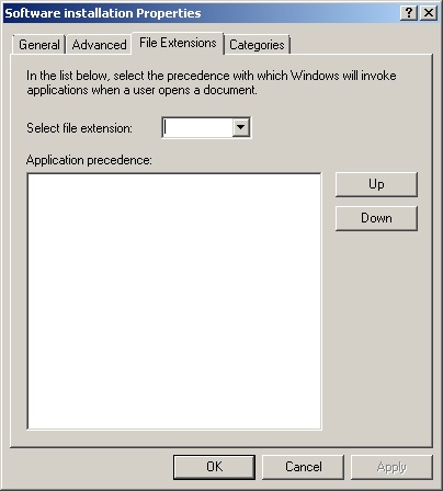The File Extensions tab of the Software Installation Properties sheet