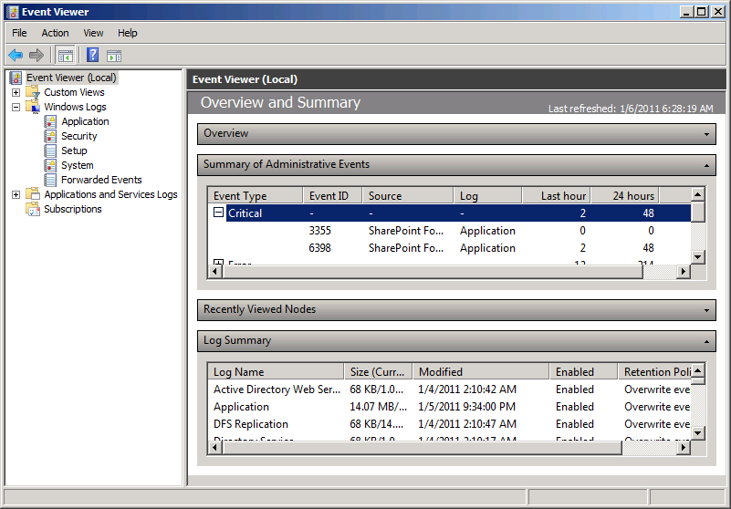 The Event Viewer Console.