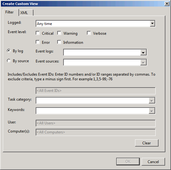 The Create Custom View dialog box, from the Event Viewer Console.