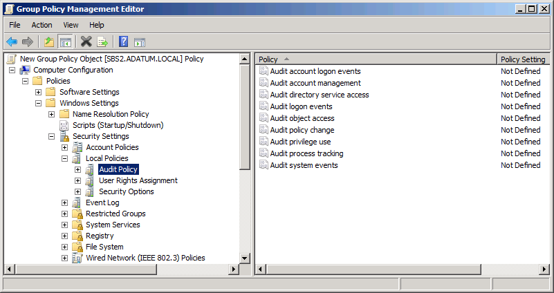 The Audit Policy settings in the Group Policy Management Editor Console.