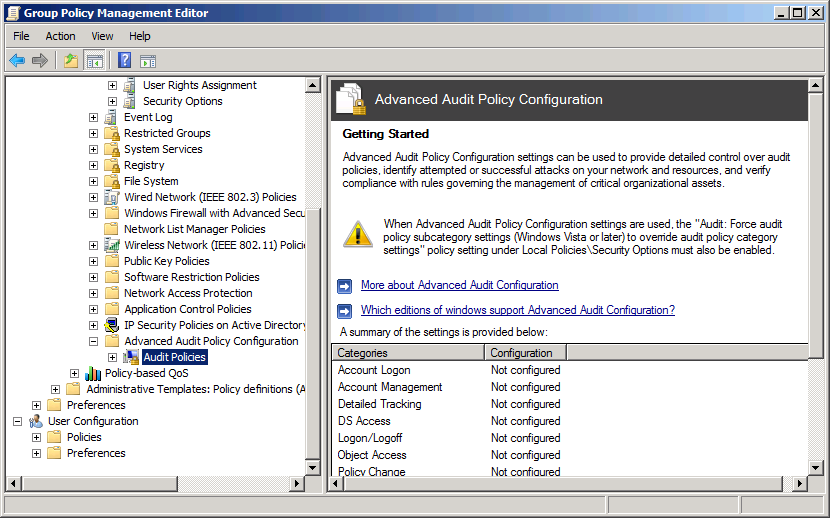 The Advanced audit policy configuration node in the Group Policy Management Editor Console.
