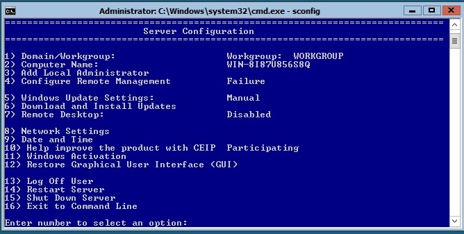 Running the Sconfig utility from the command prompt