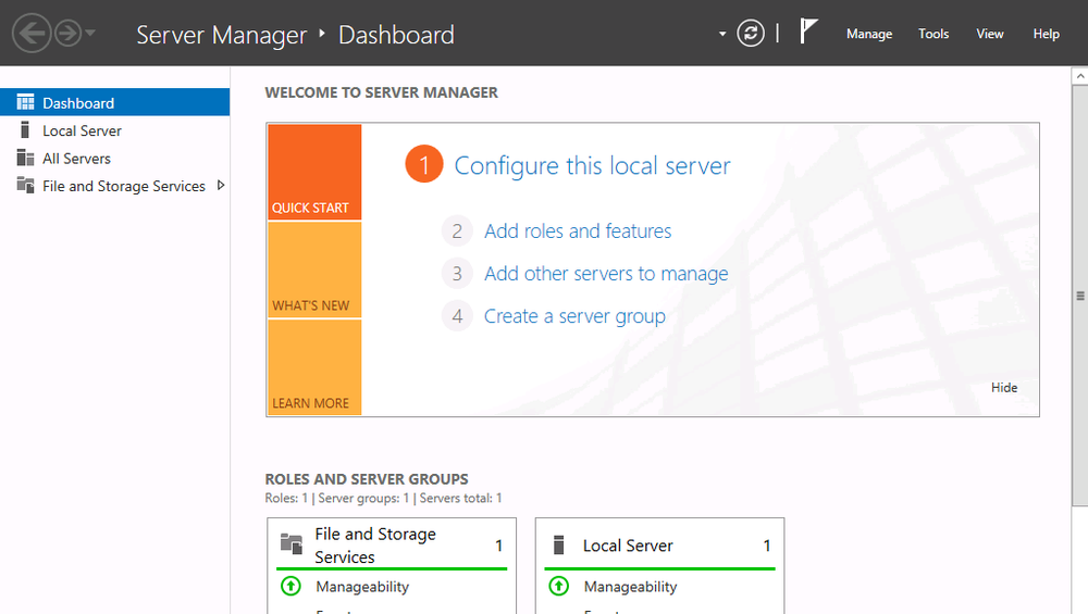 The new Server Manager dashboard