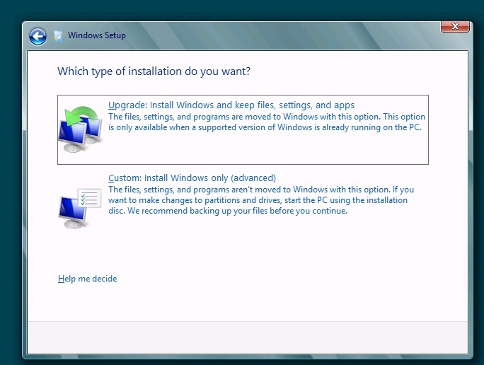 Select the installation type: Custom for a new install, or Upgrade for upgrading from Server 2008 R2