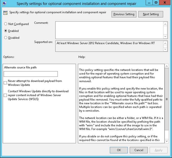 Group Policy setting for controlling installation of previously removed role and feature binaries.