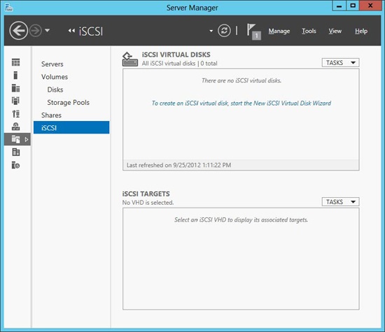 After installing the iSCSI Target Server role service, you can now create iSCSI virtual disks.