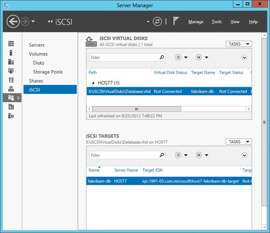 The new iSCSI target and virtual disk are displayed in Server Manager.