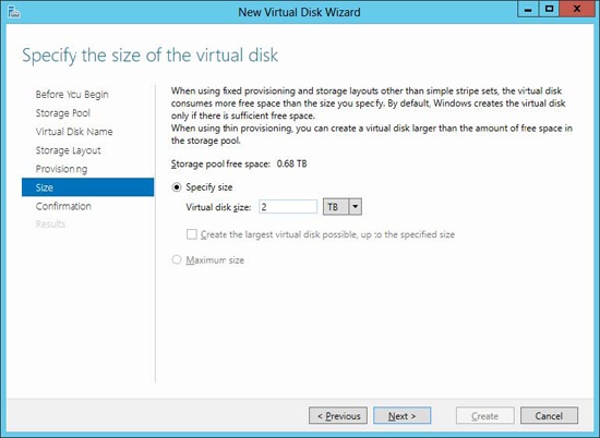 Specifying the size of the new virtual disk.