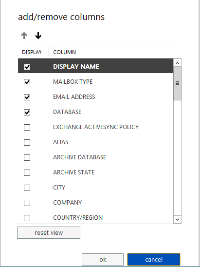 A screen shot showing how to select the columns EAC will display. In this instance, the Display Name, Mailbox Type, Email Address, and Database columns are selected.