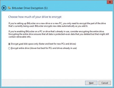 Encrypting only used disk space when enabling BitLocker on a volume.