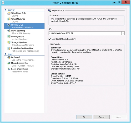 Configuring RemoteFX on a Hyper-V host running Windows Server 2012.