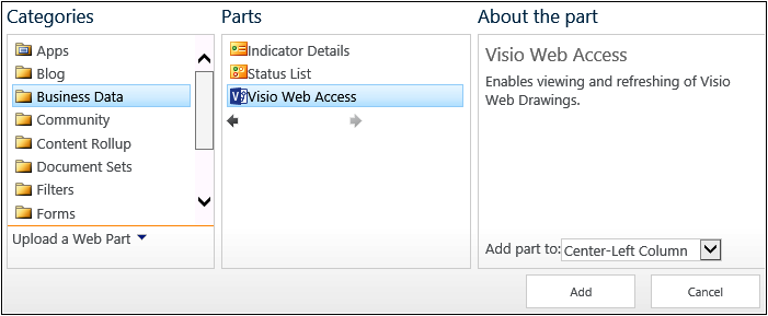 A screenshot of the Web Part pane with Visio Web Access Web Part selected.