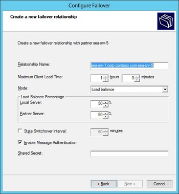 Creating a new DHCP server failover relationship using the load-balance mode.