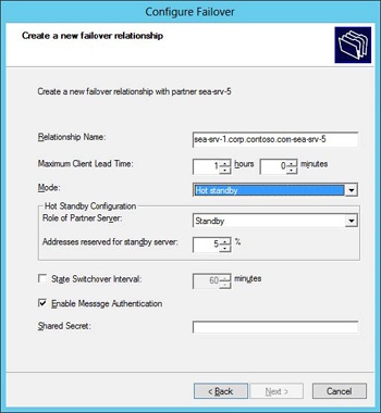 Creating a new DHCP server failover relationship using the standby mode.
