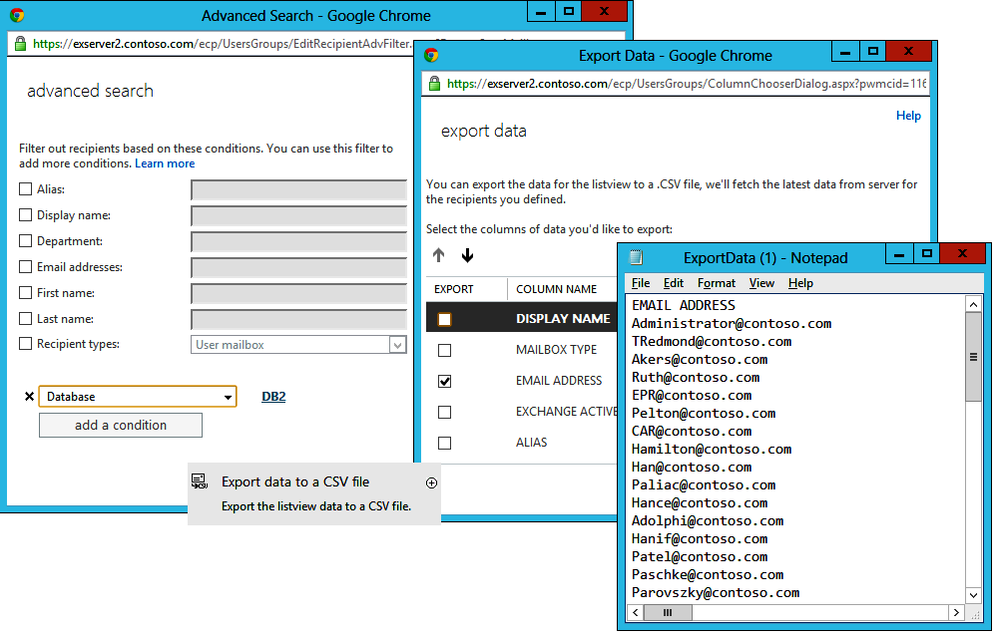 EAC enables you to export information it retrieves from a recipient search. In this case you’ve searched for all mailboxes in database DB2 and then opted to export a list of email addresses to a CSV file that is open in Notepad to show the resulting file.