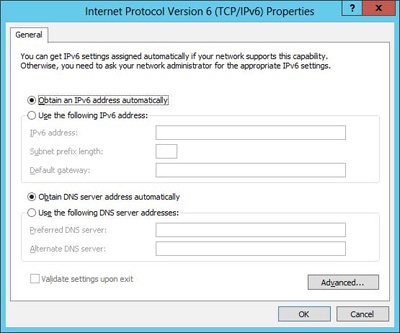 Manually configuring an IPv6 address in Windows Server 2012.