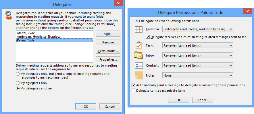 A screen shot showing how Outlook allows a user to control delegate access to his mailbox. The left-side screen shows that three users have some form of delegate access. Clicking any of the mailboxes reveals the exact access. The right-side screen shows the delegate permissions for a user called Kim Akkers and shows that she has editor access to the calendar and read access to other folders such as the Inbox.