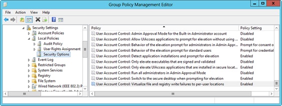 Configure UAC options through local security policy.