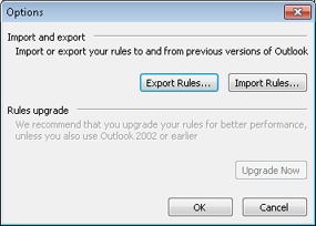 Use the Options dialog box to import and export rules.