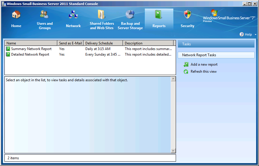 The Reports page in the Windows SBS Console.