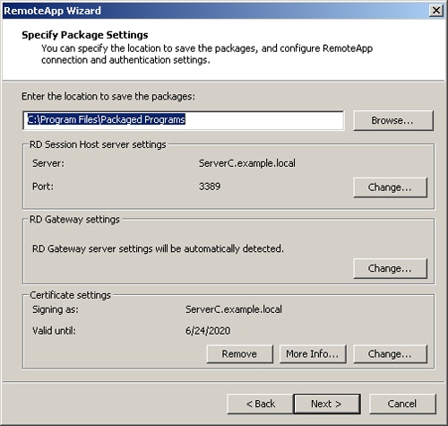 The Specify Package Settings page in the RemoteApp Wizard