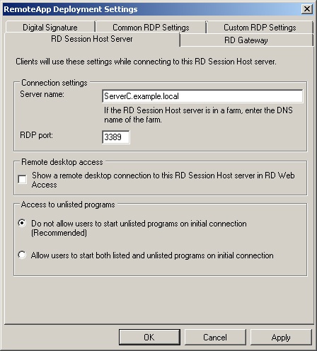 The RemoteApp Deployment Settings dialog box