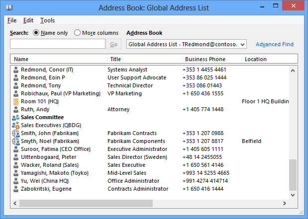 The Global Address List (GAL) as displayed by Outlook to view a set of mailboxes created using the last name, first name convention. Some of the mailboxes have additional information in parentheses to indicate their location or function. For instance, Suroor, Fatima (CEO Office).