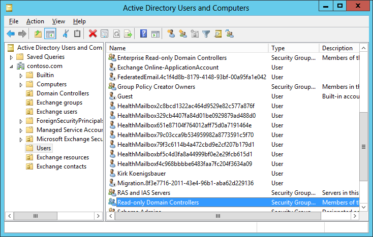 A screen shot of the Active Directory Users And Computers console showing the health mailboxes that Exchange creates to use as part of its Managed Availability framework.