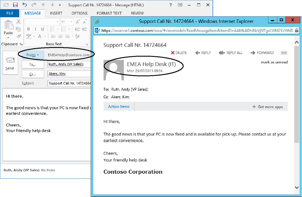 The left-side screen shot shows how Outlook enables a user to enter a From address for a message, which is the name of a mailbox for which the user has Send On Behalf Of permission. When the recipient reads a message sent in this way, he sees it as if it had come from the user who granted the Send On Behalf Of permission (right-side screen).