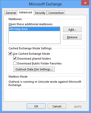 A screen shot of an Outlook profile (Advanced settings) configured to open an additional mailbox when Outlook starts.