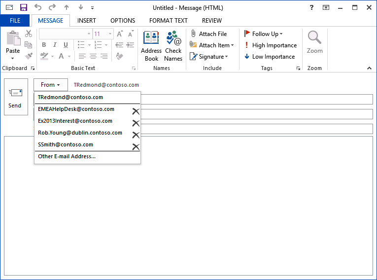 A screen shot showing how Outlook 2013 shows the list of mailboxes for whom a user might send messages on behalf of.