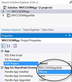 Use the Web Project property to associate a web project with a SharePoint app.